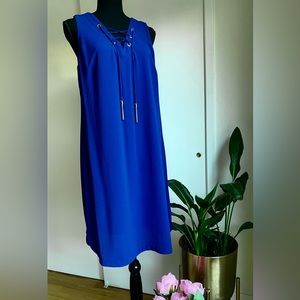 INC International Concepts sleeveless dress with lace and gold details.
